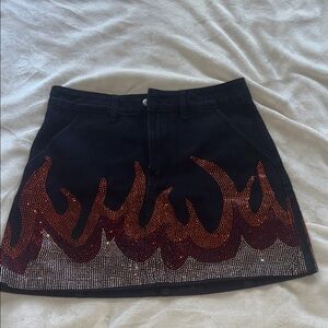 CIDER Black and Red Flame Embellished Denim Skirt